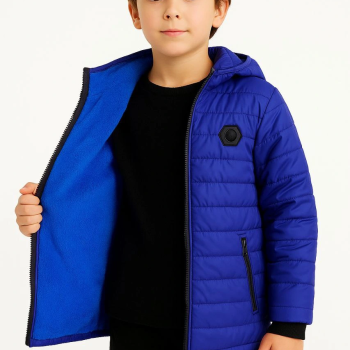 Mont İçi Pelüş kürk Astarlı, Kapüşonlu Fermuarlı Kışlık - Saks Mavisi