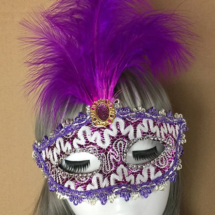 Mor Dantel İşlemeli Mor Tüylü Balo Parti Maskesi