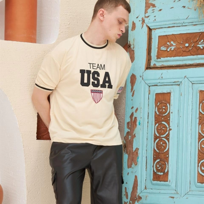 Nakış İşlemeli Ribanalı Oversize T-shirt - Bej