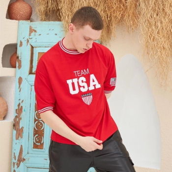 Nakış İşlemeli Ribanalı Oversize T-shirt - Kırmızı