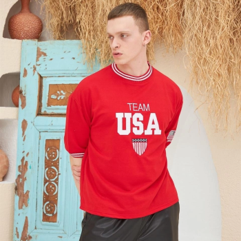 Nakış İşlemeli Ribanalı Oversize T-shirt - Kırmızı