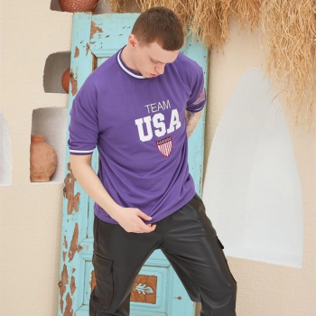 Nakış İşlemeli Ribanalı Oversize T-shirt - Mor