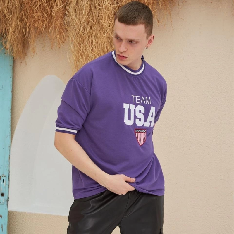 Nakış İşlemeli Ribanalı Oversize T-shirt - Mor