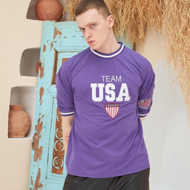 Nakış İşlemeli Ribanalı Oversize T-shirt - Mor