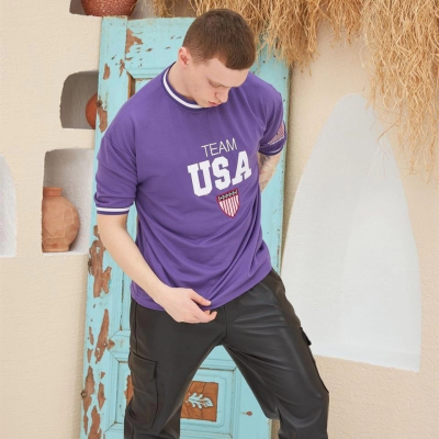 Nakış İşlemeli Ribanalı Oversize T-shirt - Mor