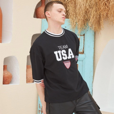 Nakış İşlemeli Ribanalı Oversize T-shirt - Siyah