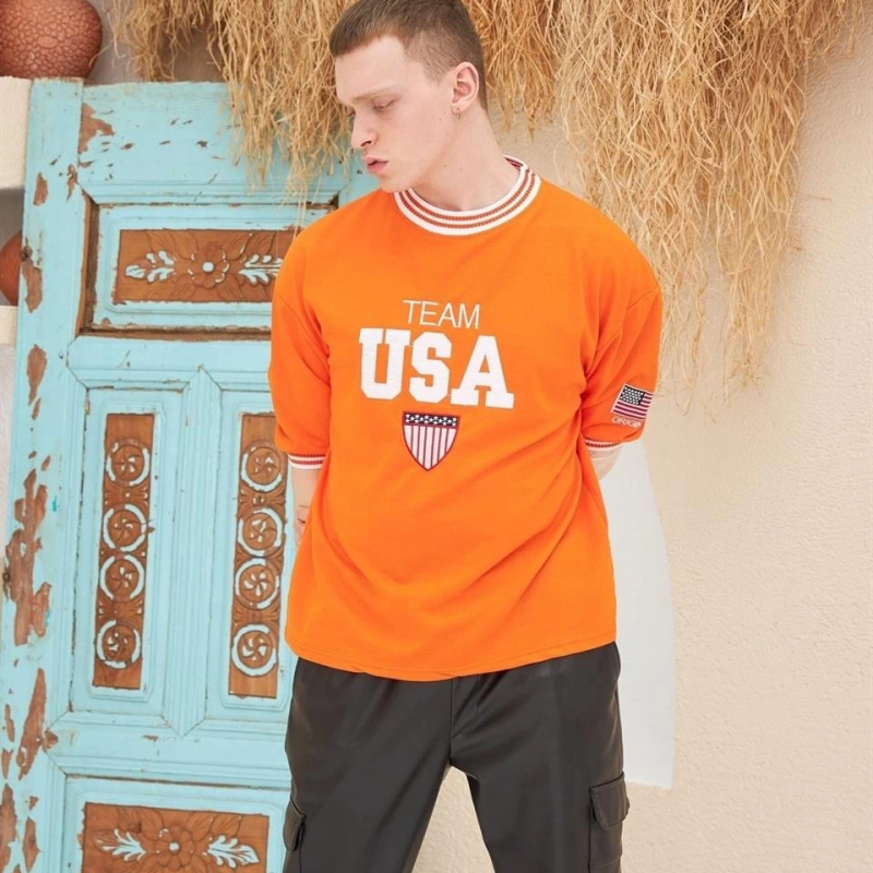 Nakış İşlemeli Ribanalı Oversize T-shirt - Turuncu