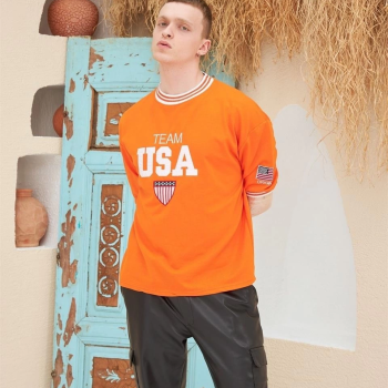 Nakış İşlemeli Ribanalı Oversize T-shirt - Turuncu