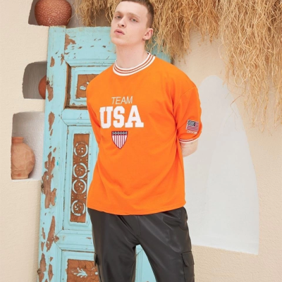 Nakış İşlemeli Ribanalı Oversize T-shirt - Turuncu