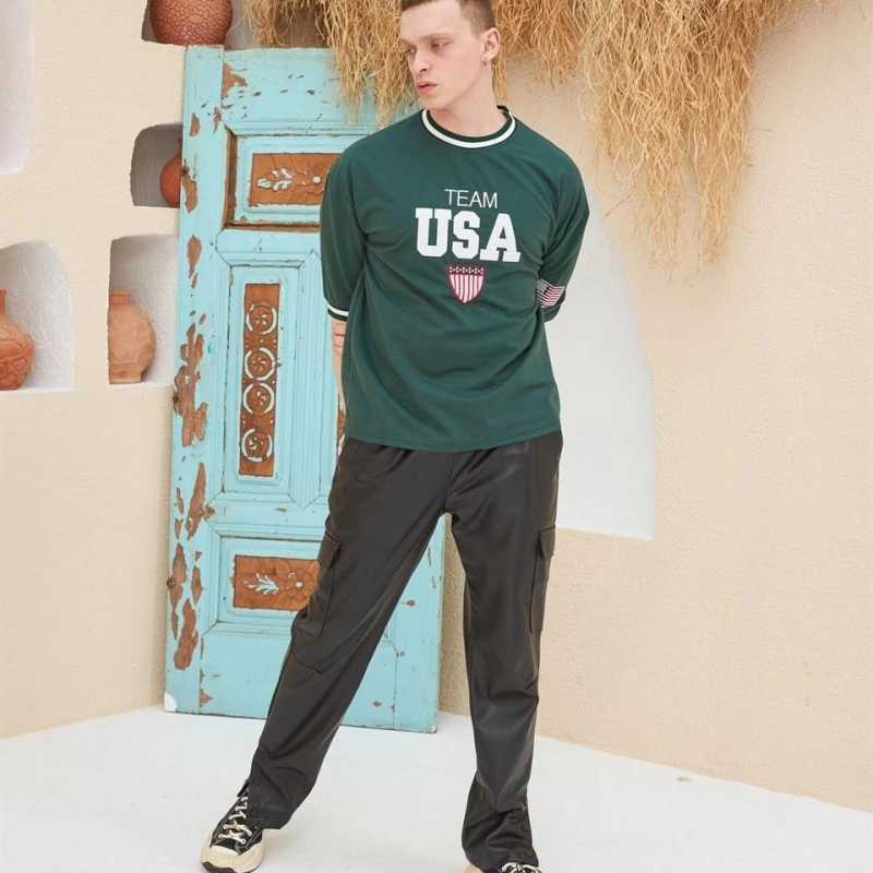 Nakış İşlemeli Ribanalı Oversize T-shirt - Yeşil