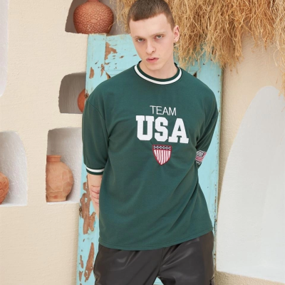 Nakış İşlemeli Ribanalı Oversize T-shirt - Yeşil