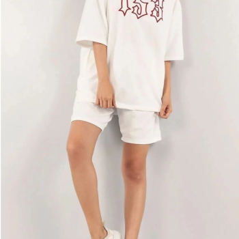 Nakış İşlemeli Şort Takım - Beyaz -