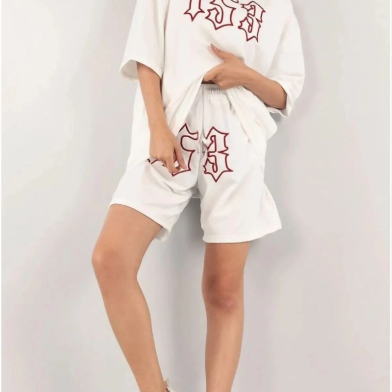 Nakış İşlemeli Şort Takım - Beyaz -