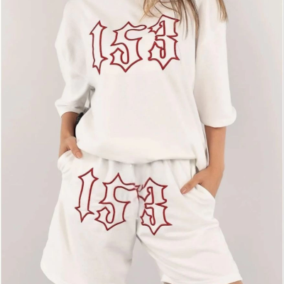 Nakış İşlemeli Şort Takım - Beyaz -