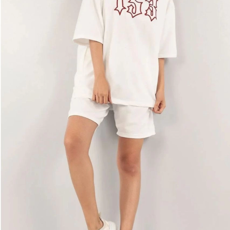 Nakış İşlemeli Şort Takım - Beyaz -