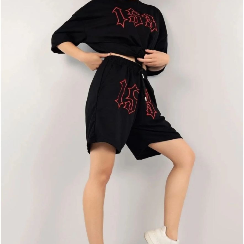 Nakış İşlemeli Şort Takım - Siyah -