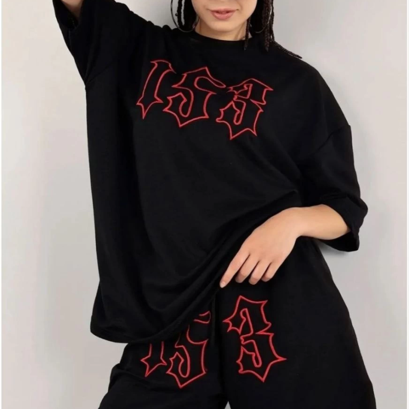 Nakış İşlemeli Şort Takım - Siyah -