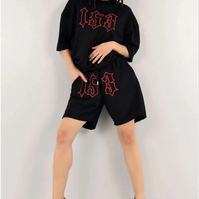 Nakış İşlemeli Şort Takım - Siyah -