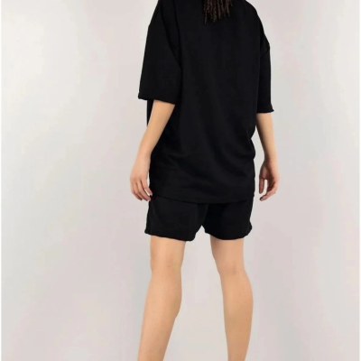 Nakış İşlemeli Şort Takım - Siyah -