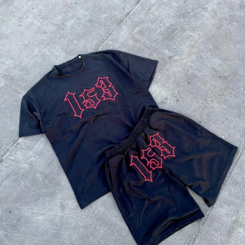 Nakış İşlemeli Şortlu Takım - Siyah -