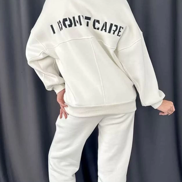 Nakış İşlemeli Üç İplik Sweat Takım- Beyaz -