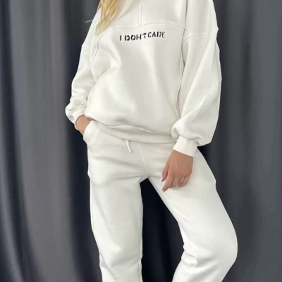 Nakış İşlemeli Üç İplik Sweat Takım- Beyaz -