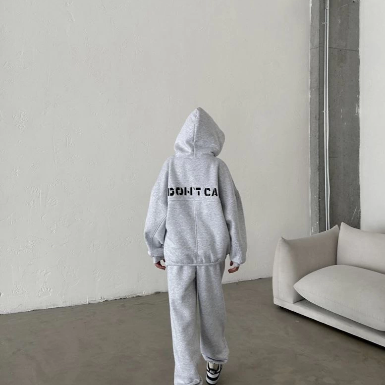 Nakış İşlemeli Üç İplik Sweat Takım- Gri -