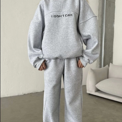 Nakış İşlemeli Üç İplik Sweat Takım- Gri -