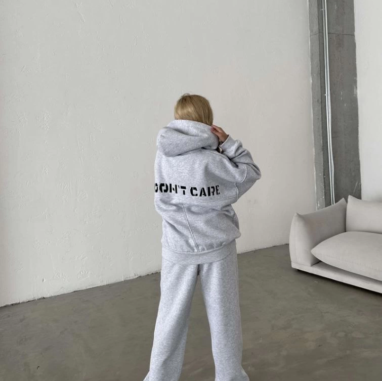 Nakış İşlemeli Üç İplik Sweat Takım- Gri -