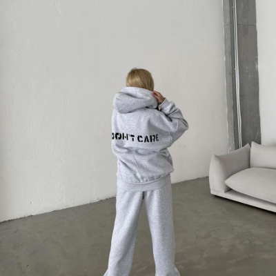 Nakış İşlemeli Üç İplik Sweat Takım- Gri -