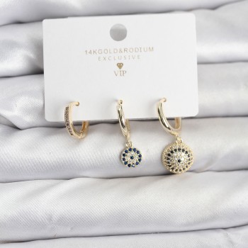 Nazar Model Gold Renk Pirinç 3'lü Kadın Küpe Seti