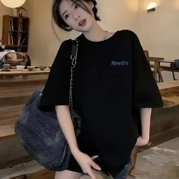 Newtro Baskılı Oversize Bisiklet Yaka T-shirt - Siyah -