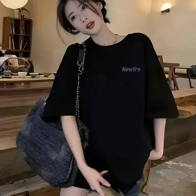 Newtro Baskılı Oversize Bisiklet Yaka T-shirt - Siyah -