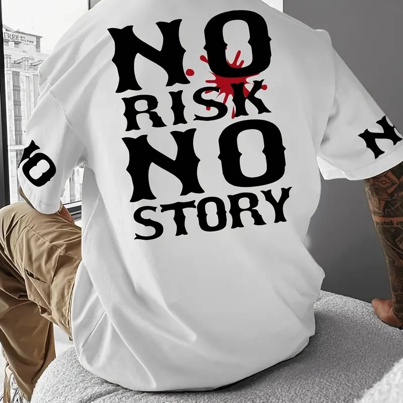 No Risk No Story Baskılı Oversize Bisiklet Yaka T-shirt - Beyaz -