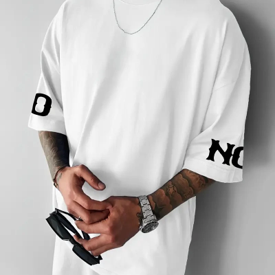 No Risk No Story Baskılı Oversize Bisiklet Yaka T-shirt - Beyaz -