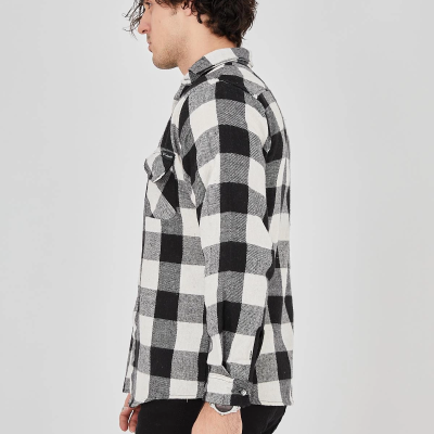 Oduncu Gömlek – Uzun Kollu, Şardonlu Kumaş, Kareli Desen, Regular Fit, Manşetli, Çift Cepli, Rahat Günlük Bahar  Kış Stil - Siyah