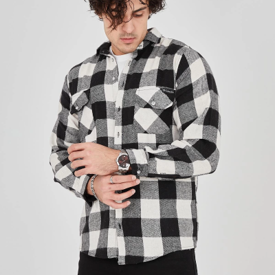 Oduncu Gömlek – Uzun Kollu, Şardonlu Kumaş, Kareli Desen, Regular Fit, Manşetli, Çift Cepli, Rahat Günlük Bahar  Kış Stil - Siyah