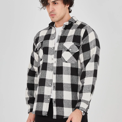 Oduncu Gömlek – Uzun Kollu, Şardonlu Kumaş, Kareli Desen, Regular Fit, Manşetli, Çift Cepli, Rahat Günlük Bahar  Kış Stil - Siyah