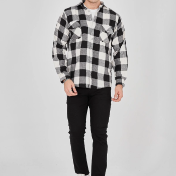 Oduncu Gömlek – Uzun Kollu, Şardonlu Kumaş, Kareli Desen, Regular Fit, Manşetli, Çift Cepli, Rahat Günlük Bahar  Kış Stil - Siyah