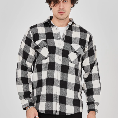 Oduncu Gömlek – Uzun Kollu, Şardonlu Kumaş, Kareli Desen, Regular Fit, Manşetli, Çift Cepli, Rahat Günlük Bahar  Kış Stil - Siyah