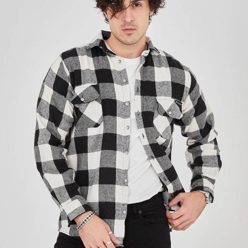 Oduncu Gömlek – Uzun Kollu, Şardonlu Kumaş, Kareli Desen, Regular Fit, Manşetli, Çift Cepli, Rahat Günlük Bahar  Kış Stil - Siyah