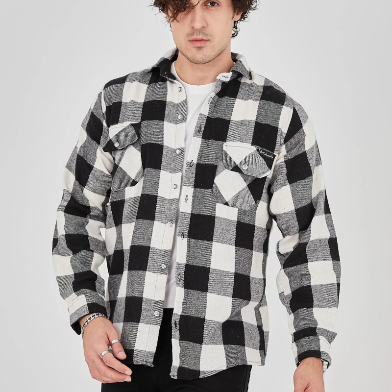 Oduncu Gömlek – Uzun Kollu, Şardonlu Kumaş, Kareli Desen, Regular Fit, Manşetli, Çift Cepli, Rahat Günlük Bahar  Kış Stil - Siyah