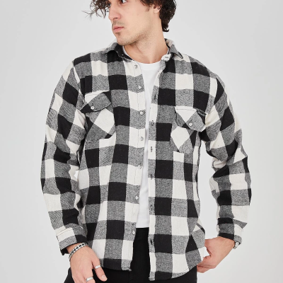 Oduncu Gömlek – Uzun Kollu, Şardonlu Kumaş, Kareli Desen, Regular Fit, Manşetli, Çift Cepli, Rahat Günlük Bahar  Kış Stil - Siyah