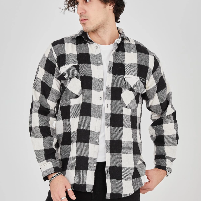 Oduncu Gömlek – Uzun Kollu, Şardonlu Kumaş, Kareli Desen, Regular Fit, Manşetli, Çift Cepli, Rahat Günlük Bahar  Kış Stil - Siyah