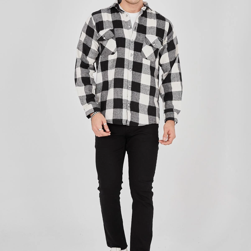 Oduncu Gömlek – Uzun Kollu, Şardonlu Kumaş, Kareli Desen, Regular Fit, Manşetli, Çift Cepli, Rahat Günlük Bahar  Kış Stil - Siyah