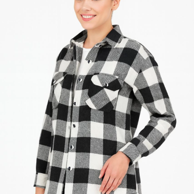 Oduncu Gömlek – Uzun Kollu, Şardonlu Kumaş, Kırmızı Beyaz Kareli Desen, Regular Fit, Çift Cepli, Manşetli Günlük Şık Stil - Siyah