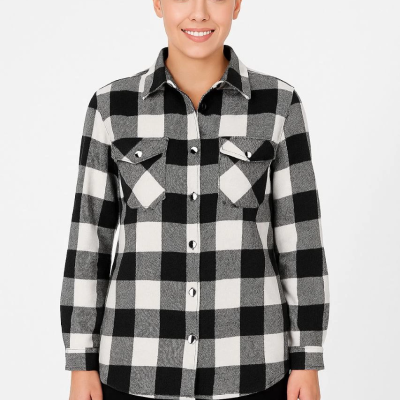 Oduncu Gömlek – Uzun Kollu, Şardonlu Kumaş, Kırmızı Beyaz Kareli Desen, Regular Fit, Çift Cepli, Manşetli Günlük Şık Stil - Siyah