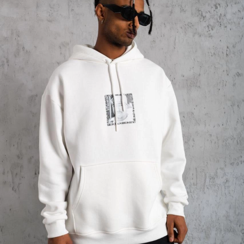 Ön Arka Baskılı Kapşonlu Sweat - Beyaz -