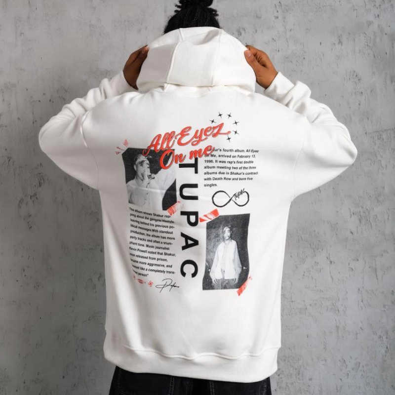 Ön Arka Baskılı Kapşonlu Sweat - Beyaz -