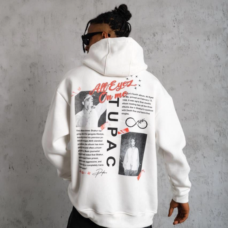 Ön Arka Baskılı Kapşonlu Sweat - Beyaz -